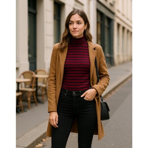 Madewell Women’s Small Striped Mock Turtleneck Top Cotton Blend Maroon Navy Blue - Picture 1 of 6